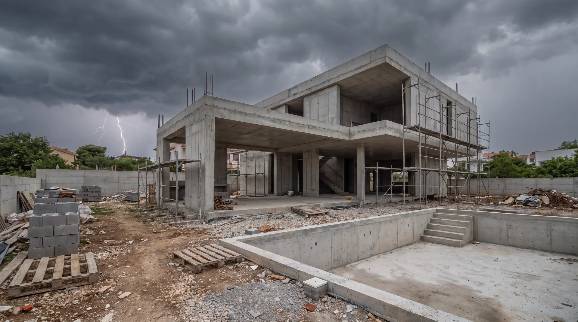 The same villa as a bare concrete shell on a building site, under a stormy sky
